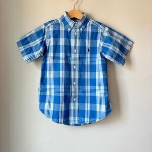 Ralph Lauren Boys Blue Plaid Short Sleeve Button Down Shirt Size 6-7